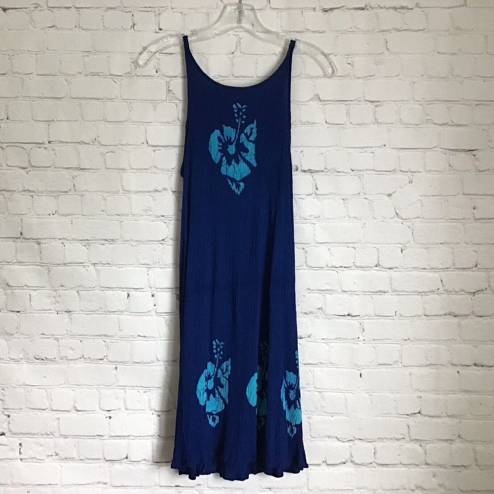 Young Fashion Crinkle Rayon Hawaiian Sun Dress Blue Hibiscus Floral Pullover